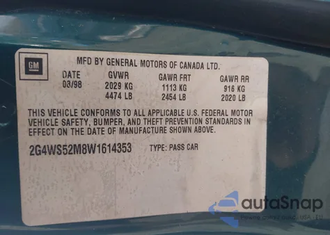 1998 Buick Century Custom from USA, damaged, VIN 2G4WS52M8W1614353